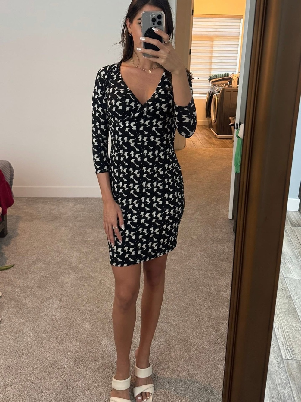 Ann Taylor Factory Black and White V-Neck Midi Bodycon Dress